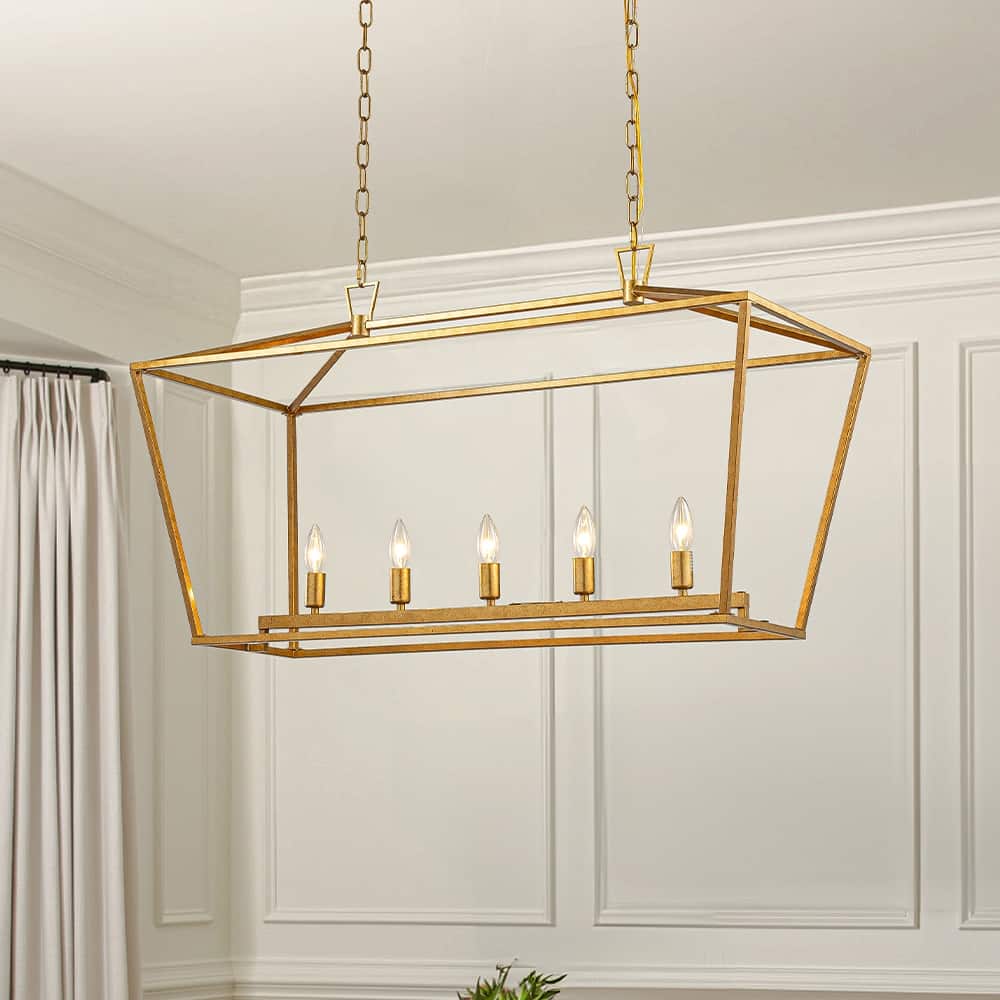 5-Light 39'' Modern Industrial Matte Gold Linear Lantern Geometric Chandelier Rectangle Cage Light For Kitchen Island - W39''