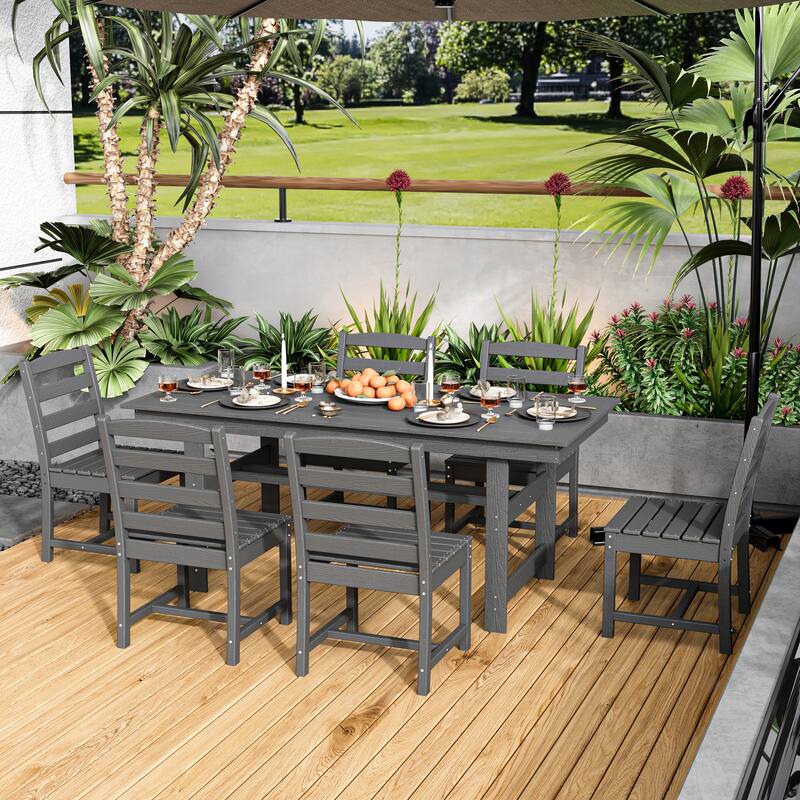 Outdoor Dining Table and Chair Set: HDPE Material, Wood - Grain Design
