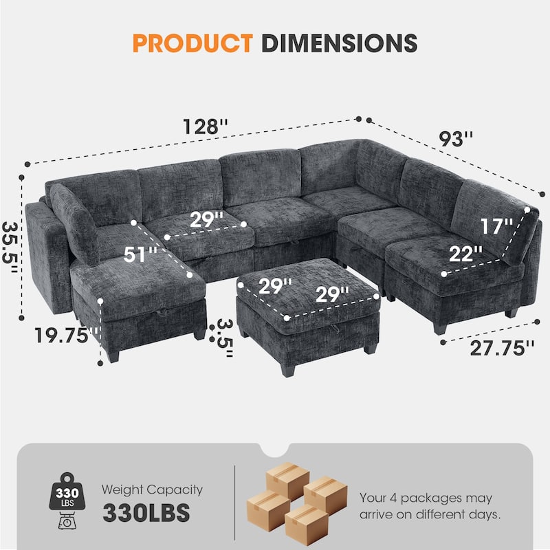 GDFStudio - Chenille Fabric 8-Seat 128" Modular Sectional Sofa with Storage & Solid Wood Frame