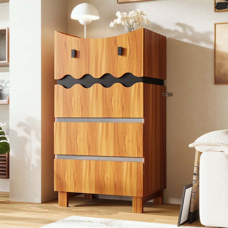 Modern Wave-Front 4-Drawer Dresser with Acrylic Panels, Wood Grain & Black Storage Cabinet Chest Cabinet