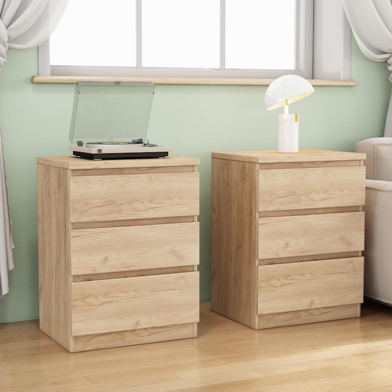 19.7"Nightstand with 3 Drawers,Set of 2,Beside Table with Drawers Handle Free Design,Thickened Top Plate,3 Drawer - Natural