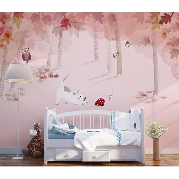 Pink Forest Cartoon Dog and Owl Removable Textile Wallpaper - - 32588258