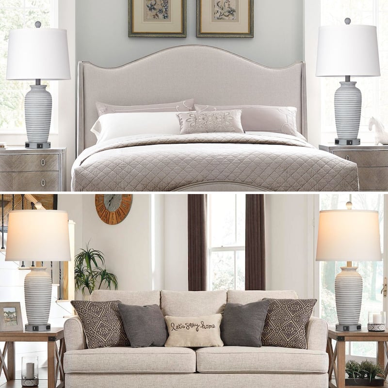 Set of 2 White Resin Table Lamps with 3-Way Dimmable Touch Control, USB/Type-C Ports, and AC Outlet - 13'' X 13'' X 25''