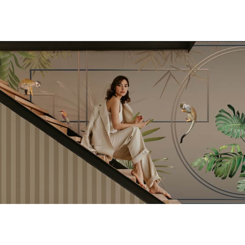 Modern Tropical Jungle Wallpaper Mural with Monkeys and Exotic Birds