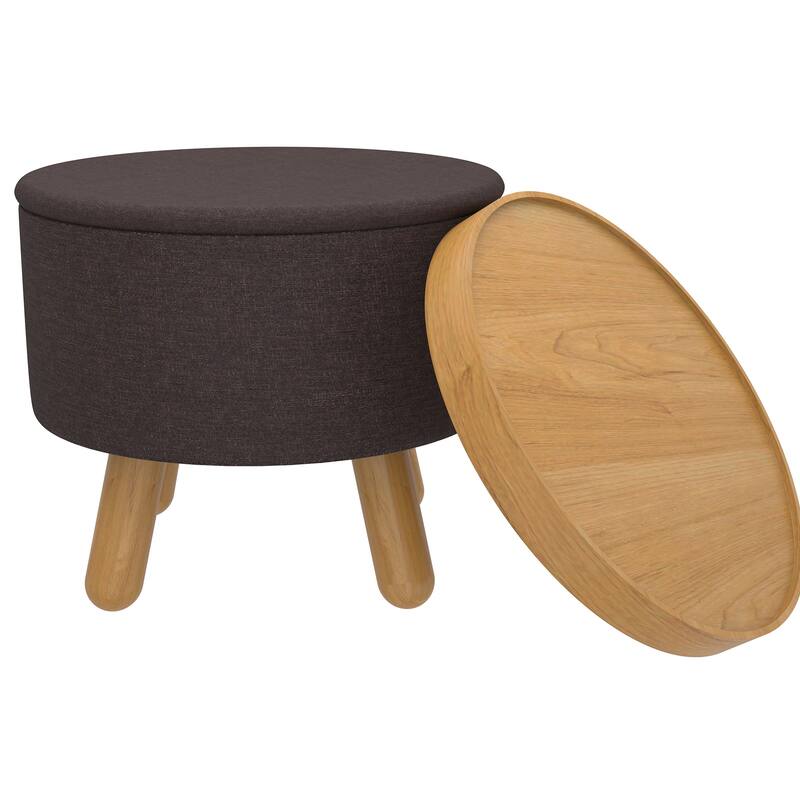 Mid-Century Modern Fabric and Wood Round Storage Ottoman with Tray