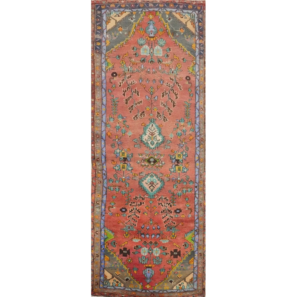 Hand Knotted Oriental 100% Wool Carpet Traditional Floral Coral Hamedan Runner Rug - 9' 10'' X 3' 6''