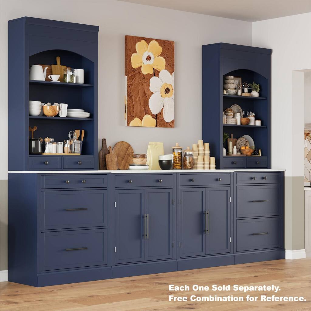 Kitchen Pantry with Drawer, Adjustable Shelves & Faux Marble Top, Buffet Food Cabinet, Coffee Bar Cabinet with 2 Door Shelves