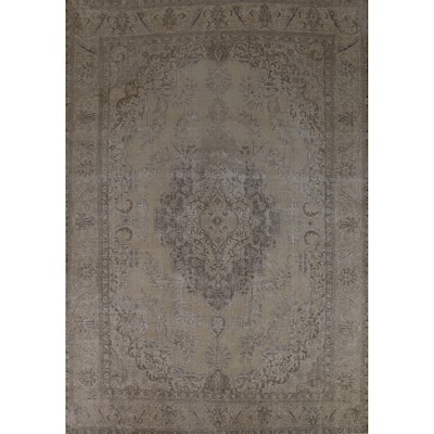 Tabriz Persian Vintage Area Rug Handmade Beige Wool Carpet - 9'4" x 12'10"