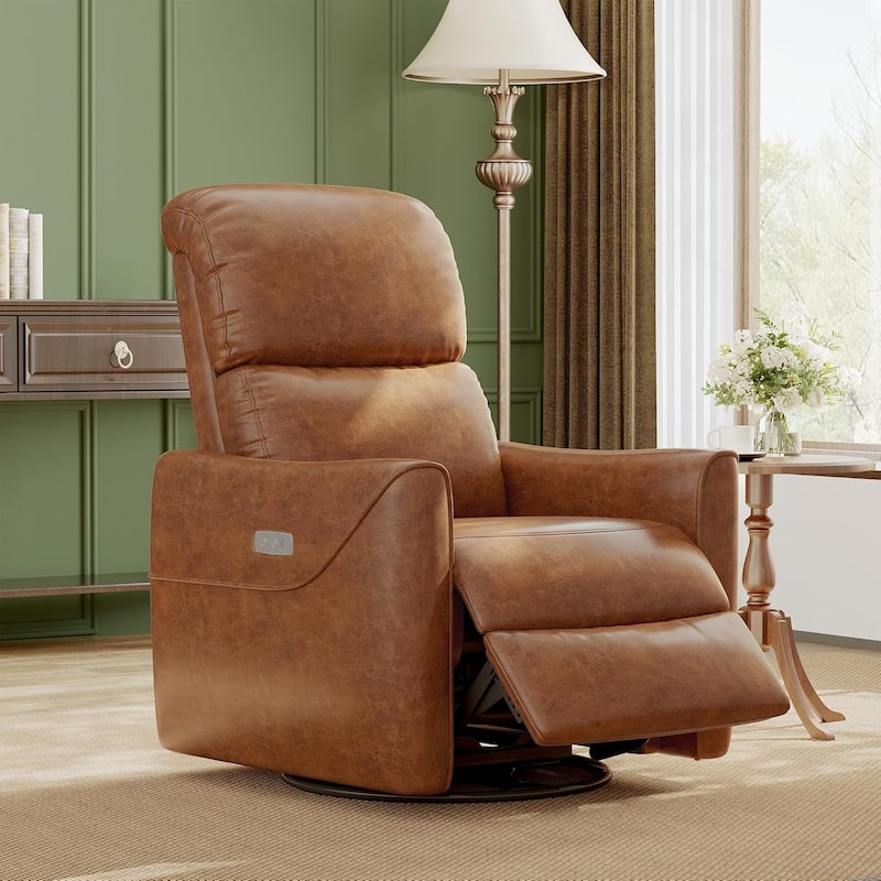 Swivel Rocking Recliner Chair, Faux Leather Upholstered Glider with Lumbar Support, High Back, Manual Recline - Brown