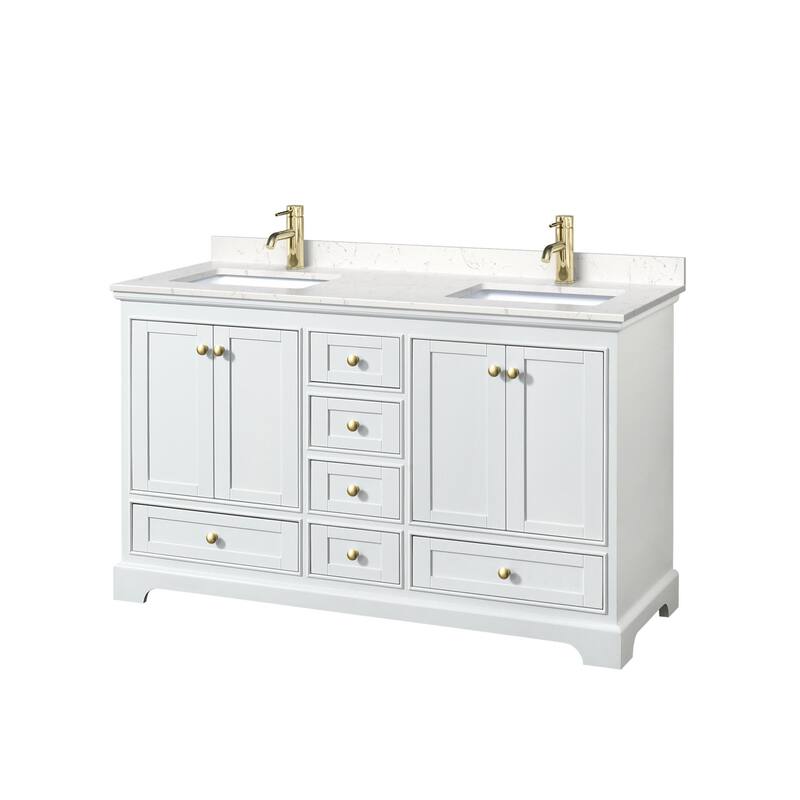 Wyndham Collection Deborah 60" Free Standing Double Basin Vanity Set - White / Carrara Cultured Marble Top / Brushed Gold