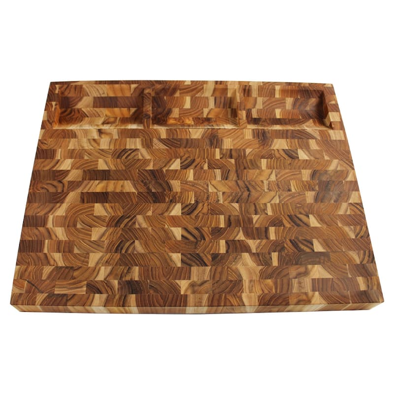 EcoDecors FSC Certified Teak Cutting Board 24" x 18", XL End Grain Butcher Block with Juice Groove, Side Handles