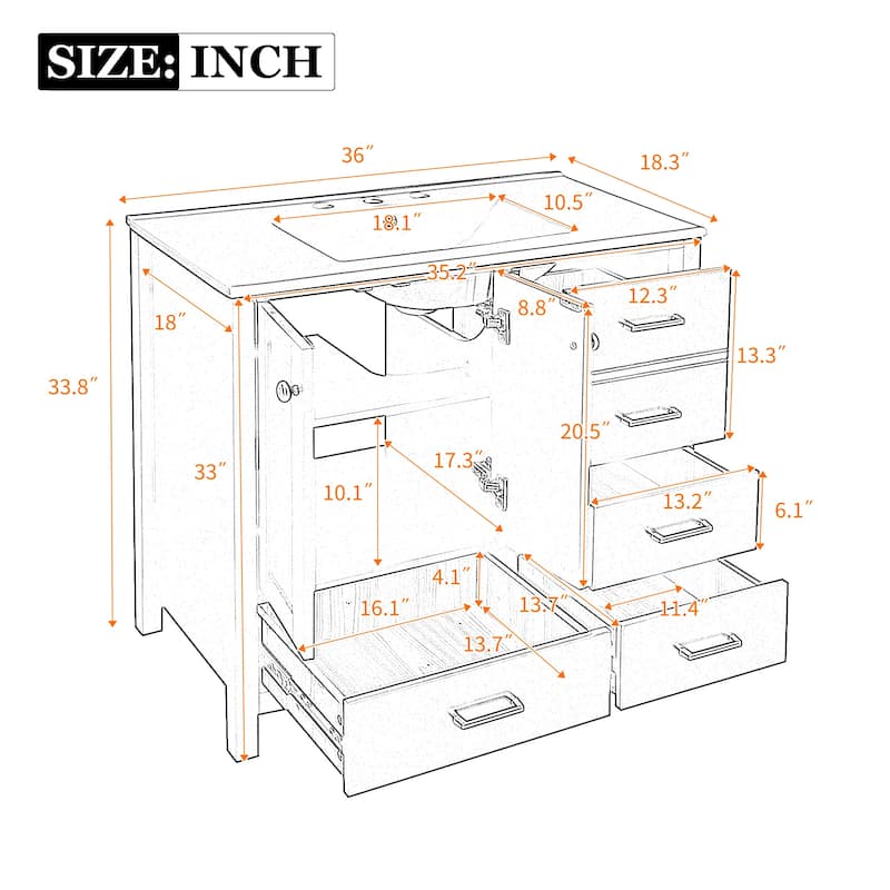 36"Bathroom Vanity with Ceramic Sink,Solid Wood Storage Cabinet,Freestanding Vanity Set with 4 Drawers& Soft Closing Doors
