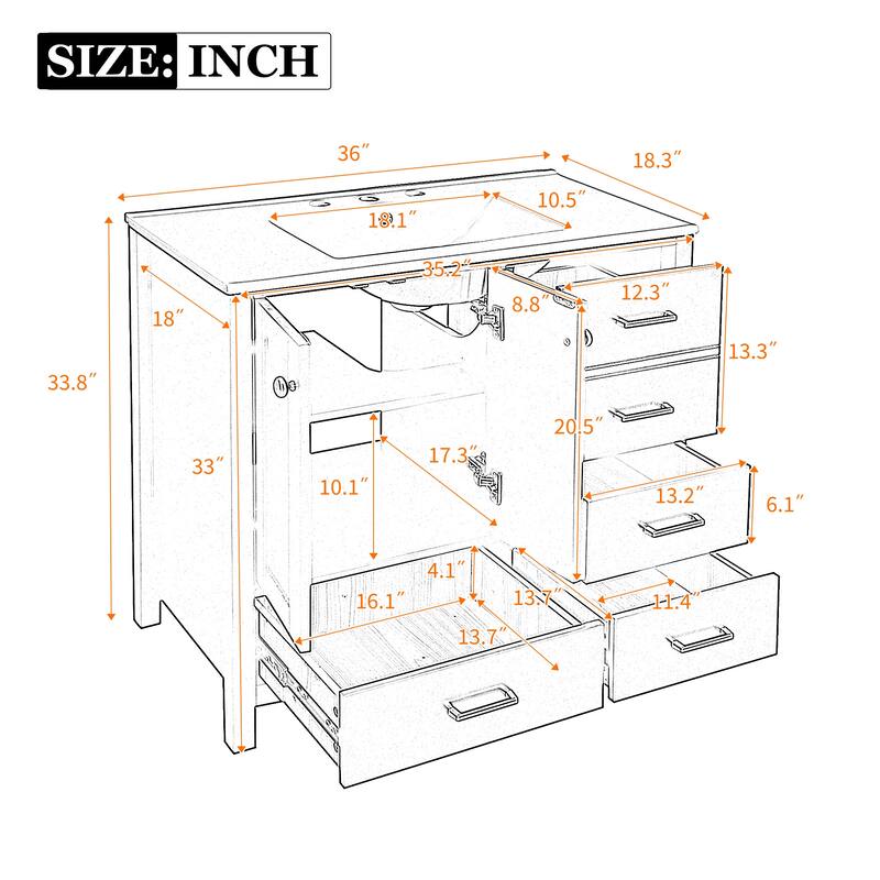 36 Inch Freestanding Bathroom Vanity with Sink Combo, Soft Close Doors & Drawers, Solid Wood Frame