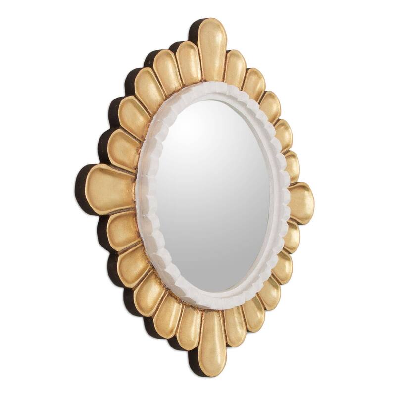 Handmade Colonial Petals Bronze Gilded Wood Mirror (Peru) - 30 cm H x 30 cm W x 5 cm D