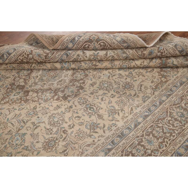Hand Knotted Oriental 100% Wool Carpet Traditional Floral Beige & Ivories Mashad Area Rug - 11' 1'' X 8' 1''