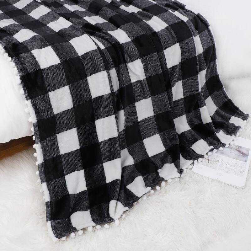 Buffalo Plaid Flannel Throw Blanket with Pom Poms Soft Plush Microfiber Blankets