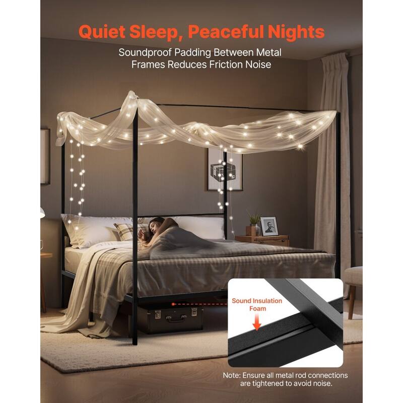 Black Metal Canopy Bed Frame King Size with 12.4 Inch Storage Space and Strong Slats
