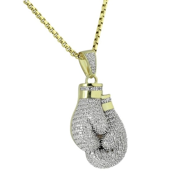 Boxing Gloves Pendant Iced Out Lab Diamonds Gold Tone Free 24" Box Chain