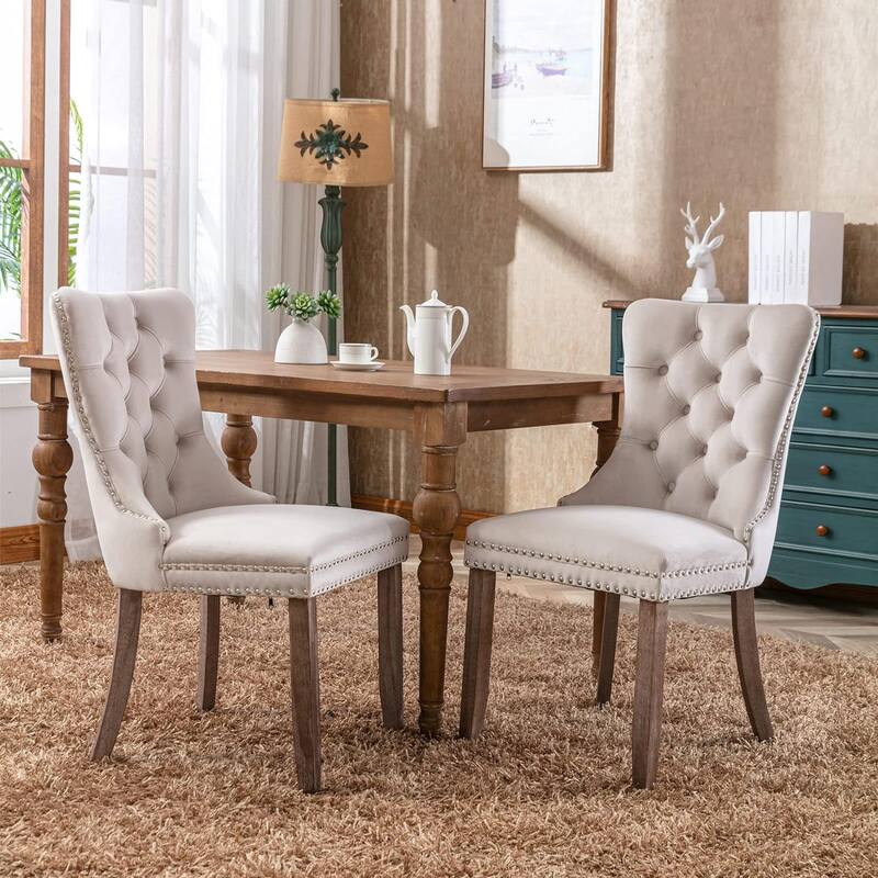 Set of 2 Velvet Dining Chairs – Tufted Upholstered Armless Accent Chairs with Nailhead Trim & Back Ring Pull - Beige