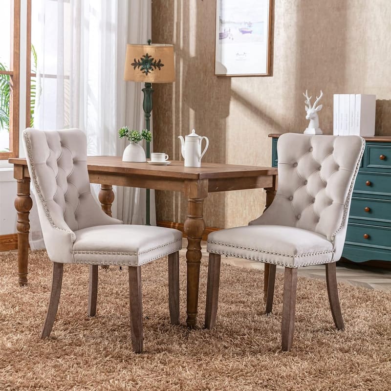 Set of 2 Modern Glam Velvet Dining Chairs - Armless TuftedAccent Side Chairs with Nailhead Trim & Ring Handle