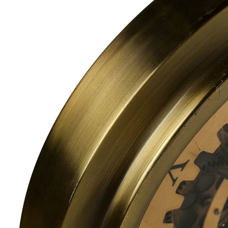 Reny 18 Inch Round Wall Clock, Gear Design, Roman Analog, Gold Bronze