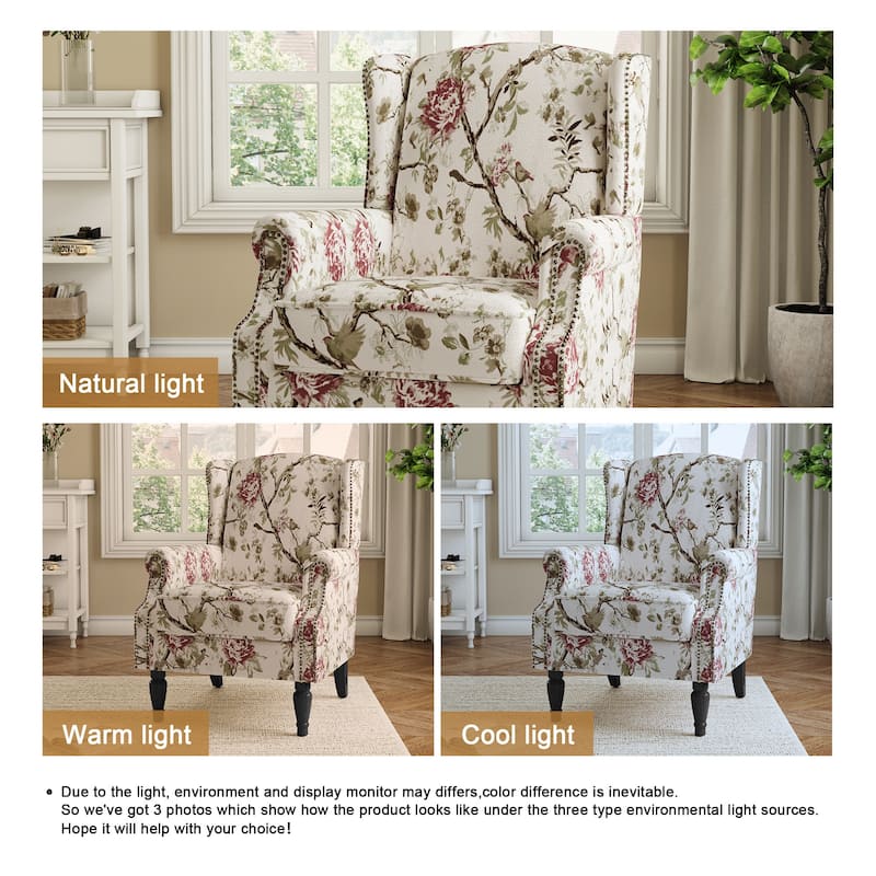 Traditional Floral Patterned Wingback Armchair with Nailhead Trim