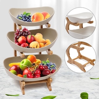 CARLA HOME 3-Tier Ceramic Fruit Bowl Basket with Bamboo Stand for Kitchen Counter, Snack Tray, Dessert Server & Vegetable Storage Rack