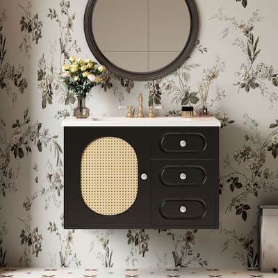 30" Bathroom Vanity with Ceramic Sink, Wall-Mounted Style Bathroom Vanity with Large Storage Space, 2 Drawers, Rattan Design