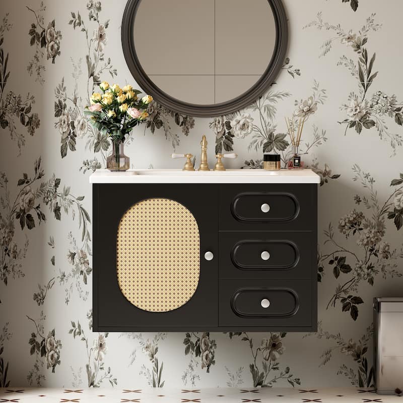 30" Mid-Century Bathroom Vanity - Ceramic Sink, 2 Drawers & Ample Storage Space‌