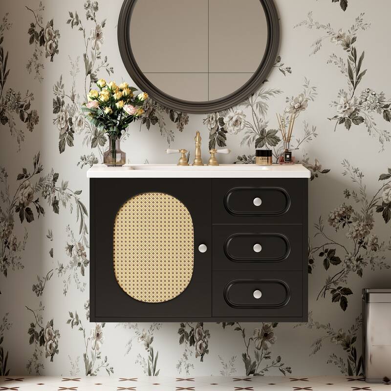 30" Mid-Century Bathroom Vanity - Ceramic Sink Cabinet with 2 Drawers & Ample Storage Space - Black