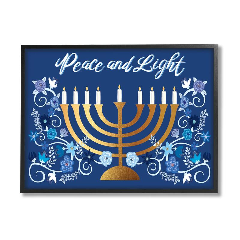 Stupell Peace & Light Floral Hanukkah Menorah Framed Giclee Art by Darlene Seale - 14 x 11 - Black