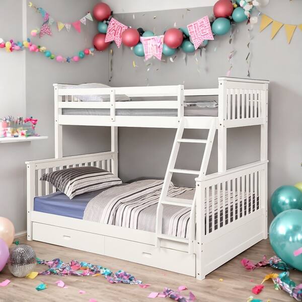 slide 2 of 11, Twin Over Full Wooden Bunk Bed with Drawers,Ladder White