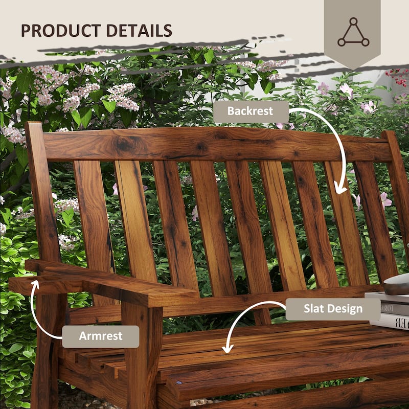 Outdoor Two-Seater Wood Bench with Cupholder Armrests, Slatted Seat & Backrest