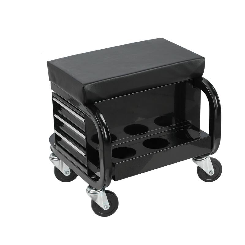 Mobile Creeper Stool with Tool Storage, 3-Drawer Rolling Garage Seat - Black
