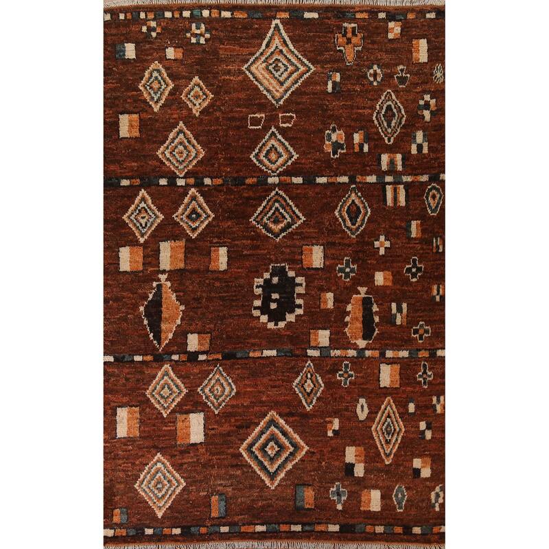 Hand Knotted Oriental 100% Wool Carpet Modern Tribal Brown Moroccan Area Rug - 9' 6'' X 6' 9''
