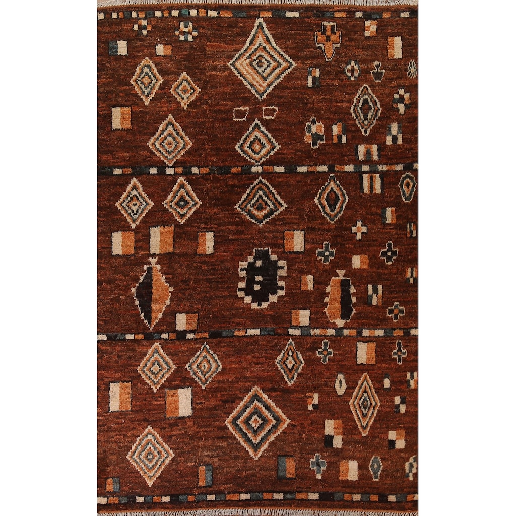 Hand Knotted Oriental 100% Wool Carpet Modern Tribal Brown Moroccan Area Rug - 9' 6'' X 6' 9''