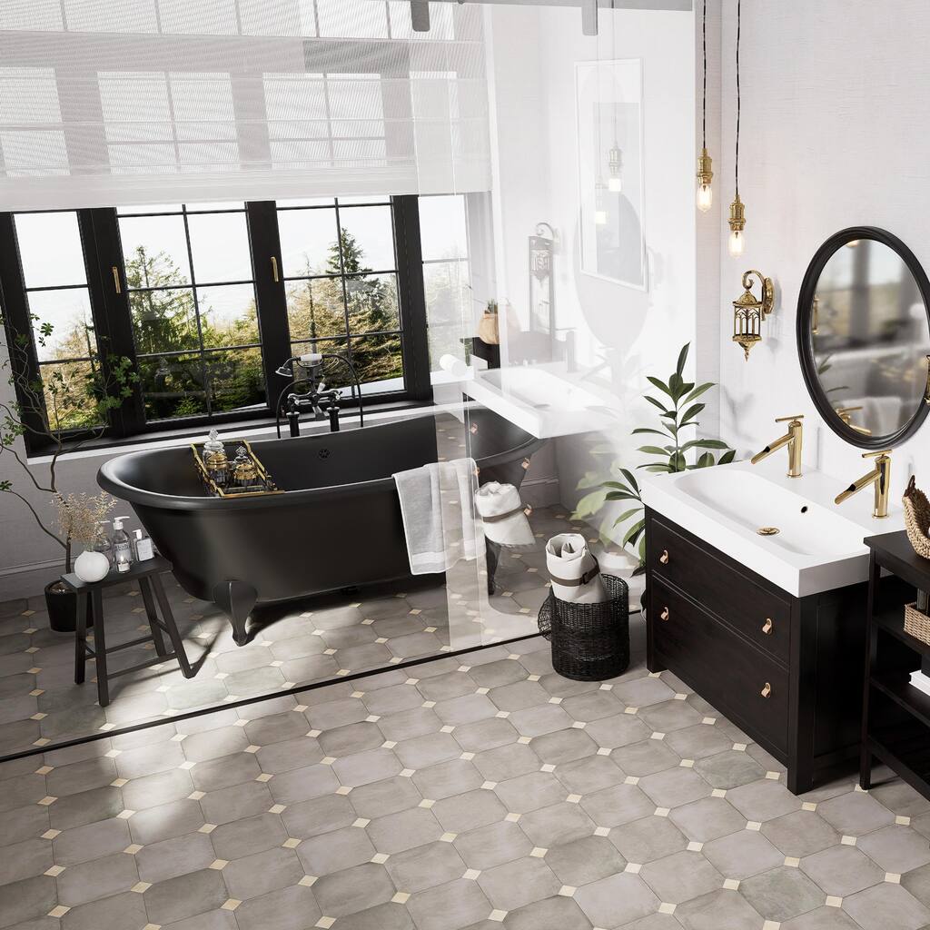 Merola Tile Laverton Octagon Grafito with Taco Beige 7-7/8" x 7-7/8" Porcelain Floor and Wall Tile