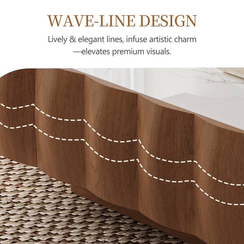 36" Mid-Century Modern Coffee Table - Curved Edge Sintered Stone & Solid Wood Veneer Frame with Hidden Storage Drawer