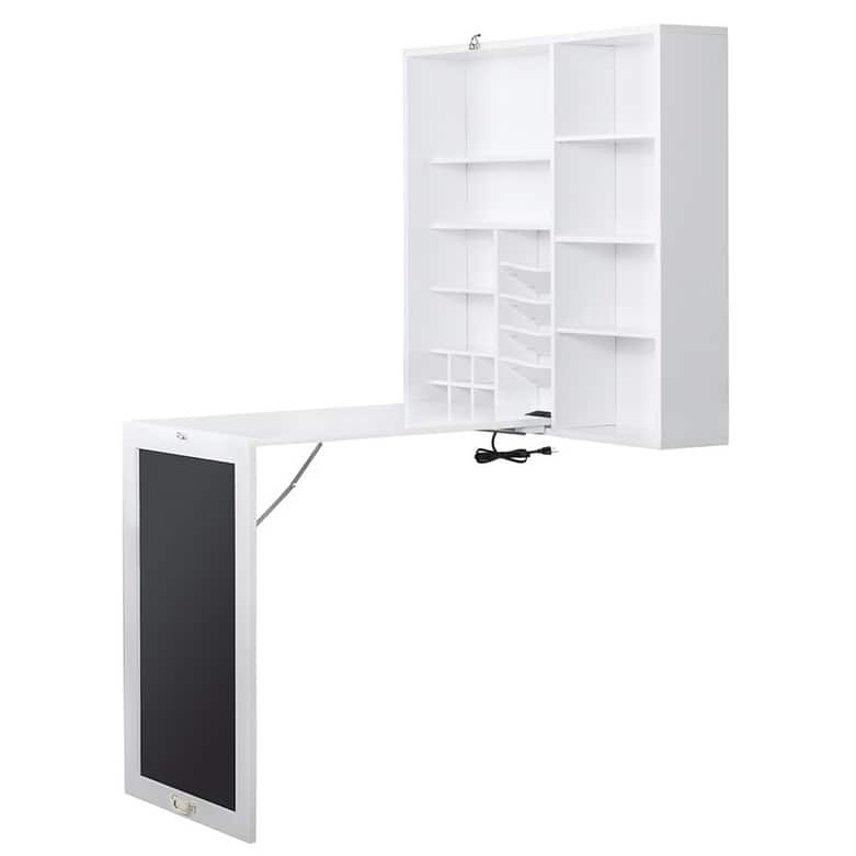 Utopia Alley Collapsible Fold Down Desk Table with Storage Cabinet & Shelves, Computer Desk Storage with USB Charging, White