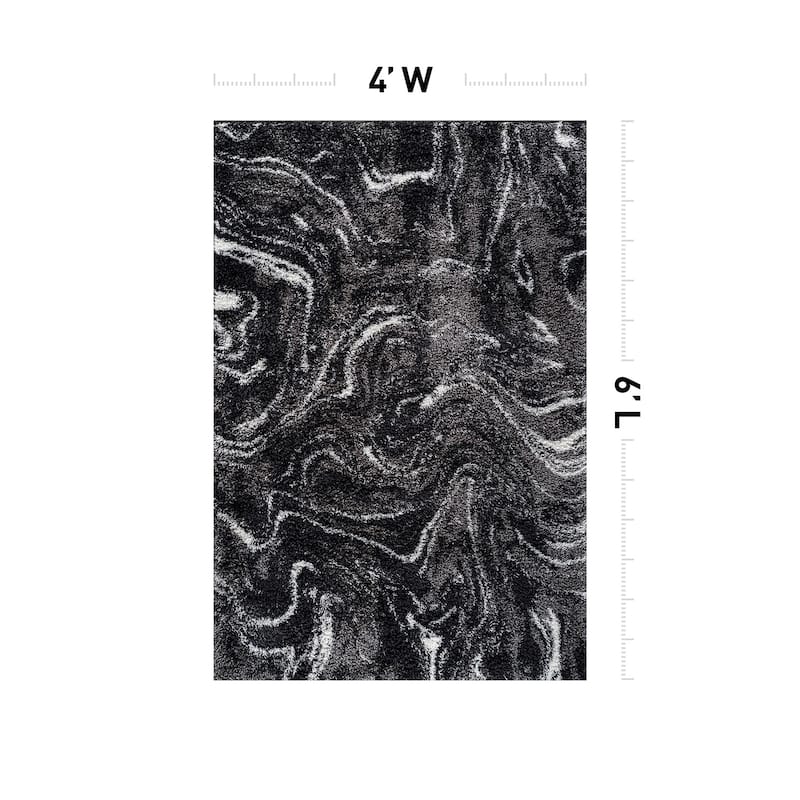 Abstract Marble Shag Rug - Anthracite Dark Gray - Plush Medium Pile, Durable with Jute Backing