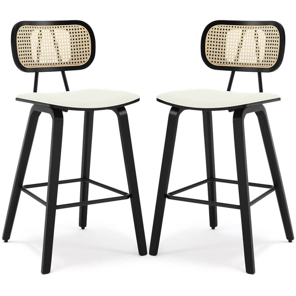 Upholstered Counter Stool/ Barstool with Rattan Back and Wood Legs