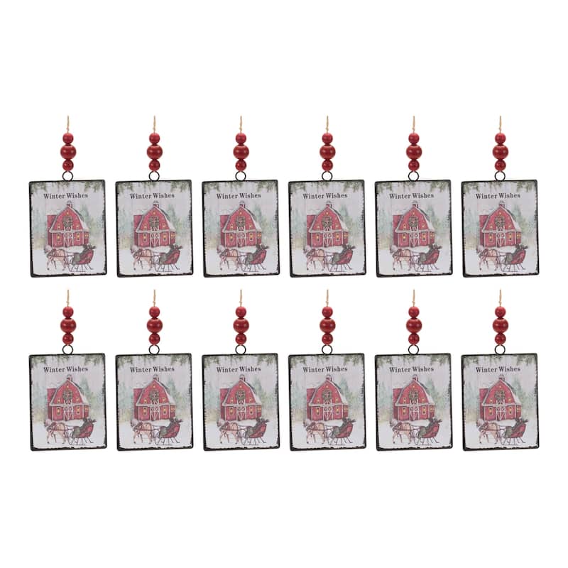 "Winter Wishes" Barn Christmas Tag Ornaments - 6.25" - 12ct