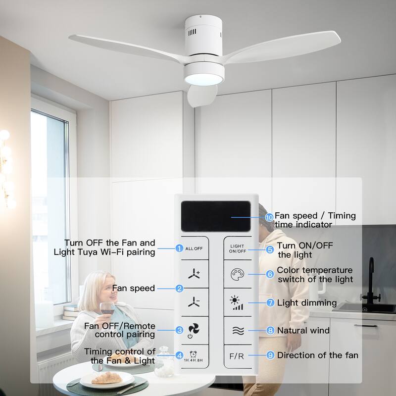 Sofucor 52 Inch Noiseless Flush Mount Ceiling Fan with Remote/Smart App Control,Dimmable Lights Optional,Reversible Motor