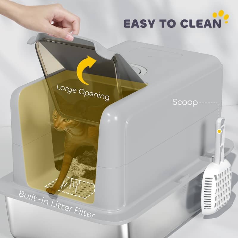 PawHut Stainless Steel Cat Litter Box, Extra Large 2 in 1 Kitty Litter Box with Removable Lid & Scoop, Filter Bags, White