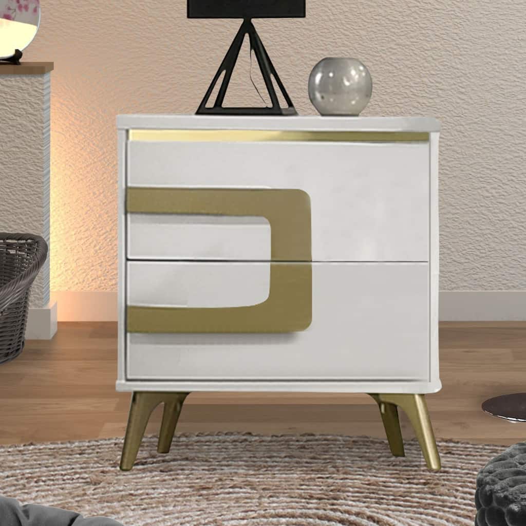 Claire Collection White Gold Wood Modern 2 Drawer Nightstand