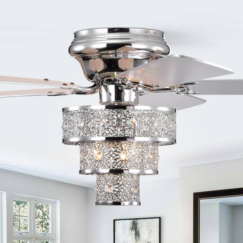 Branson Chrome 52-Inch 3-Light 3-Tier Metal & Crystal Drum Shade Lighted Ceiling Fan