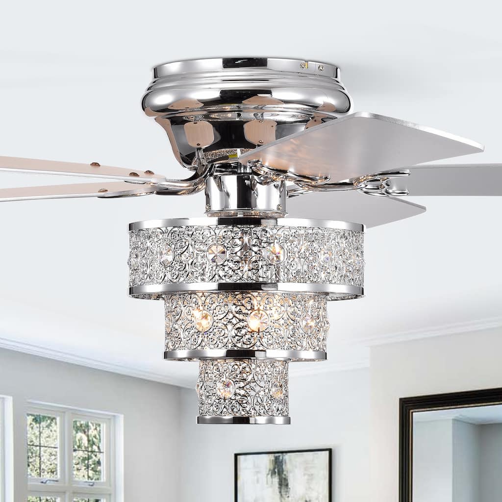 Branson Chrome 52-Inch 3-Light 3-Tier Metal & Crystal Drum Shade Lighted Ceiling Fan