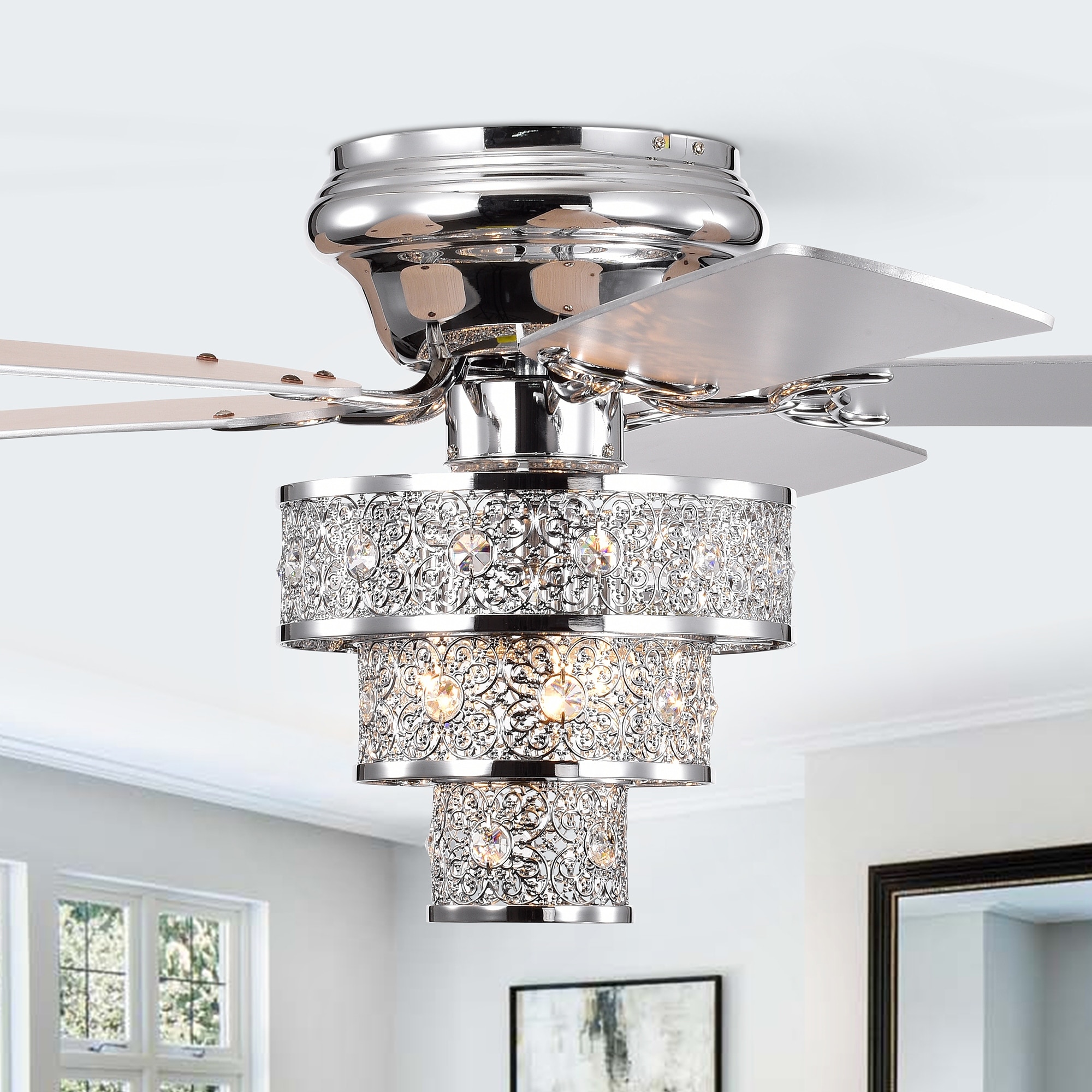 Branson Chrome 52-Inch 3-Light 3-Tier Metal & Crystal Drum Shade Lighted Ceiling Fan