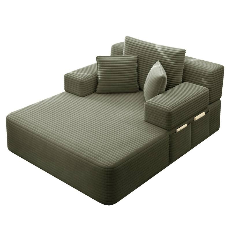 Luxurious Plush Corduroy Chaise Lounge Convertible Sofa Bed with Storage Pocket and Wide Armrests