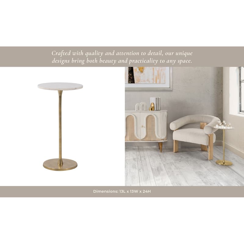 Gold and White 24"H Round Drink Accent Table with Aluminum/Stone Construction for Elegant and Purposeful Living Space